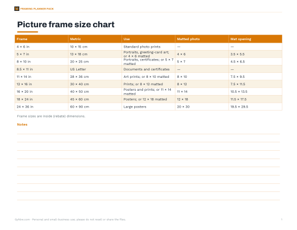 Preview of Printable Frame Size Chart